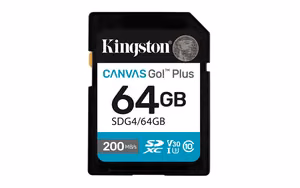 Kingston muistikortti 64GB SDXC Canvas Go Plus Gen4 200MB/s C10 UHS-I U3 V30