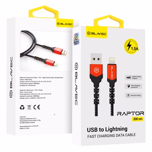 Blavec Raptor punottu Kaapeli - USB - Lightning - 1,5A 2 metriä Apple CarPlay (CRA-UL15BR20) musta-punainen