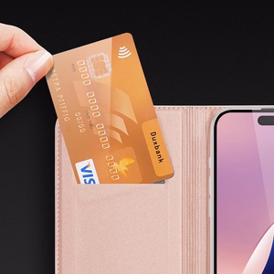 Dux Ducis Skin Pro Suojakuori iPhone 16 Pro Max:lle kansiosella ja korttilokerolla - vaaleanpunainen