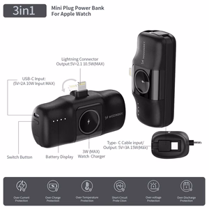Wozinsky WF16-YLS 5000mAh 15W Lightning Mini Power Bank, jossa on sisäänrakennettu USB-C-kaapeli ja Apple Watch -laturi - musta
