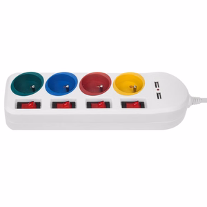 Maclean MCE229 W – jatkojohto pistorasioilla, 4 pistorasiaa + 2×USB, erilliset kytkimet, 250 V AC/10 A, 2,1 A 5 V, 1,5 m, valkoinen