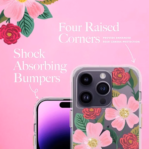 Rifle Paper Clear suojakuori iPhone 14 Pro -laitteelle, kullanvärisellä koristelulla, Rose Garden -kuvioinen