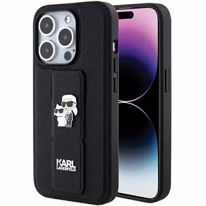 Karl Lagerfeld Gripstand Saffiano Karl&Choupette Pins Suojakuori iPhone 15 Pro Maxille - musta