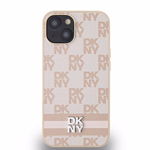 DKNY Nahkainen Ruudullinen Mono-kuvio ja Painetut Raidat Suojakuori iPhone 15 / 14 / 13:lle - vaaleanpunainen