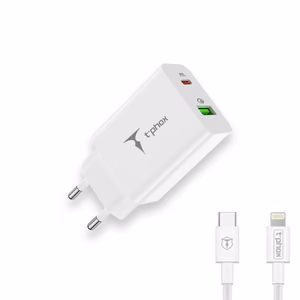 SEINÄLATURI T-PHOX SPEEDY USB-C 20W/USB 18W PD QC + KAAPELI LIGHTNING 1M VALKOINEN