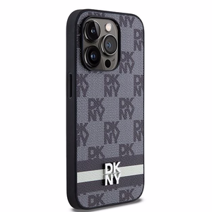 DKNY Nahkainen Checkered Mono Pattern & Printed Stripes Suojakuori iPhone 14 Pro:lle - musta