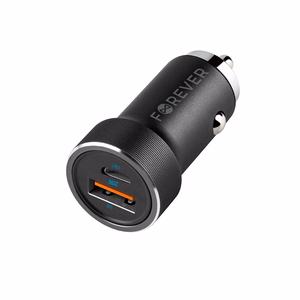 Forever CC-06 PD QC autolaturi 1x USB-C 1x USB 20W musta + USB-C - USB-C -kaapeli 60W