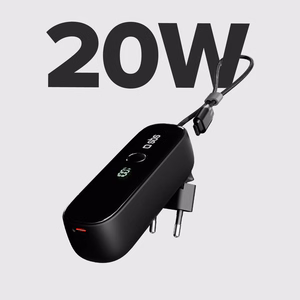 SBS Hybrid PD 20W 5000mAh Power Bank with Built-in Cable and Foldable Plug - Black