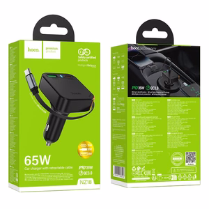 Autolaturi Hoco sisäänvedettävällä kaapelilla 2 x USB C + USB A QC PD 65W NZ18 musta