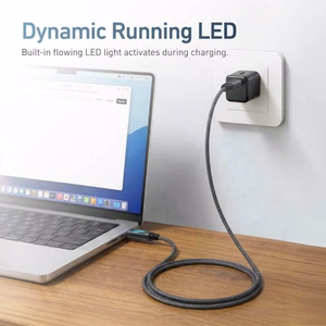 X-ONE FlowLink -datakaapeli juoksevalla LED-valolla – C–C-tyyppinen – 5A, enintään 100W, 1,2m, musta