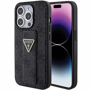 Guess Grip Stand 4G Triangle Strass Suojakuori iPhone 15 Prolle - musta