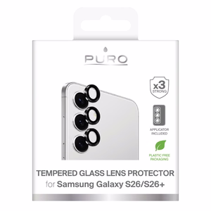 Puro karkaistu lasi takakameralle Samsung Galaxy S26:lle ja S26 Plus:lle mustalla kehyksellä