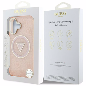 Guess IML Metal Glitter 4G Circle Triangle MagSafe Suojakuori iPhone 16:lle - Vaaleanpunainen