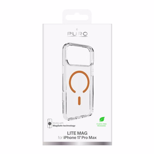 Puro Lite Mag TPU+PC suojakuori MagSafe-yhteensopiva iPhone 17 Pro Max:lle - läpinäkyvä oranssilla renkaalla
