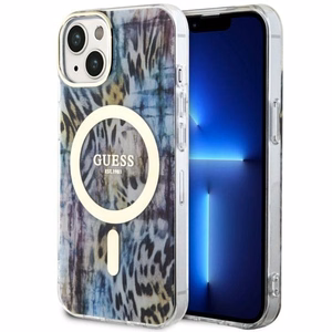 Guess Leopard MagSafe suojakuori iPhone 14:lle - sininen