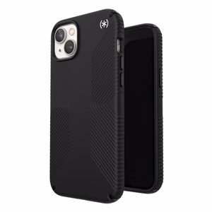 Speck Presidio2 Grip MagSafe suojakuori iPhone 14 Plus -laitteelle, pitävällä liukuestepinnalla, Black / Black / White -väriyhdistelmä