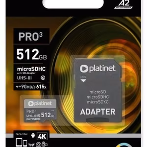 Muistikortti Platinet MicroSD 512GB (class10 UHS-III 90MB/s) + SD-adapteri