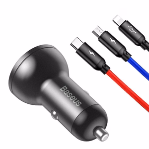 Baseus auton laturi naytolla 24W + kaapeli USB 3in1 Baseus Three Primary Colors 1,2m