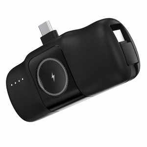 Wozinsky WF16-YCS 5000mAh 15W USB-C Mini Power Bank, jossa on sisäänrakennettu USB-C-kaapeli ja Apple Watch -laturi - musta