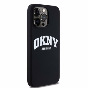 DKNY Liquid Silikoninen White Printed Logo MagSafe Suojakuori iPhone 15 Pro Max:lle - musta