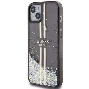 Guess Liquid Glitter Gold Stripes suojakuori iPhone 15 Plus / 14 Plus:lle - musta