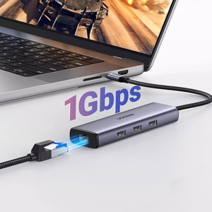 Ugreen CM512 15598 6in1 USB-C-keskitin - 3x USB-A 3.0 / HDMI / RJ45 / USB-C PD - harmaa