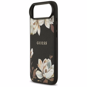 Guess Grained Flowers Classic Logo MagSafe Suojakuori iPhone Air:lle musta