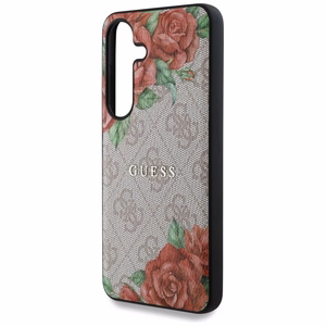 Guess Nahkainen 4G Flowers Print Metal Classic Logo MagSafe Suojakuori Samsung Galaxy S25:lle - vaaleanpunainen