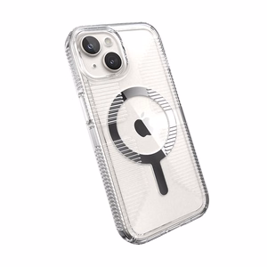 Speck GemShell Grip MagSafe -suojakuori iPhone 17e / 16e / 15 / 14 / 13 -laitteelle, läpinäkyvä krominvärisillä yksityiskohdilla