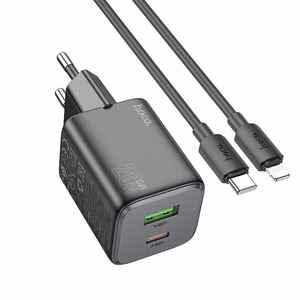 Laturi Hoco USB-A + USB-C QC PD 3A 20W + USB-C - Lightning -kaapeli N41 musta