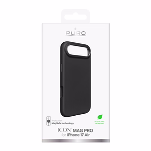 Puro Icon Mag Pro nestesilikoninen Suojakuori iPhone 17 Air:lle, MagSafe -yhteensopiva, kamerasuojauksella ja alumiinipainikkeilla - musta
