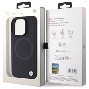 BMW Sign Nahkainen Half Textured And Circle MagSafe Suojakuori iPhone 16 Pro Max:lle - Musta