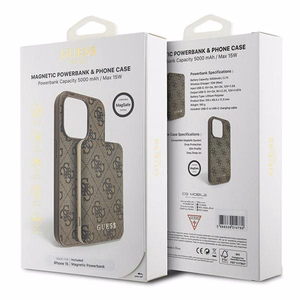 Guess 4G Metal Logo Suojakuori-setti iPhone 15:lle + 5000mAh MagSafe Varavirtalähde - ruskea