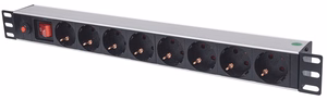 Intellinet 713986 – 1U rack PDU with 8 German-type sockets, switch, overload protection, 3 m cable and 2-pin Euro plug