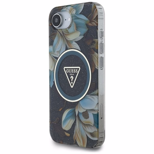 GUESS IML Metal Glitter Flowers Triangle MagSafe Alkuperäinen Suojakuori iPhone 17e/16e:lle - Musta