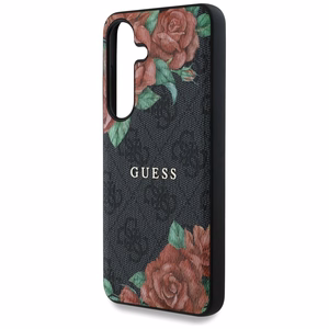 Guess Nahkainen 4G Flowers Print Metal Classic Logo MagSafe Suojakuori Samsung Galaxy S25:lle - musta