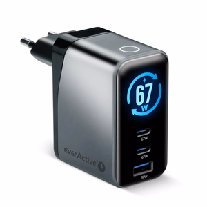 everActive GaN 67W – 67 W GaN-verkkolaturi, 1× USB-A ja 2× USB-C, Quick Charge 4+, musta