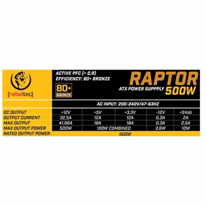 Rebeltec ATX virtalähde RAPTOR 500W 80+ Bronze, Single Rail, DC-DC