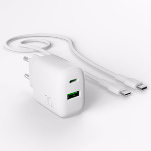 Puro PROLITE 30W USB-A / USB-C seinälaturi + USB-C - USB-C kaapeli 1.2m - Valkoinen