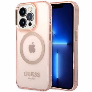 Guess GUHMP14XHTCMP vaaleanpunainen kova suojakuori iPhone 14 Pro Max 6.7 kultareunuksinen läpikuultava MagSafe