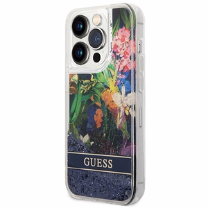 Guess Flower Liquid Glitter Suojakuori iPhone 14 Pro Max:lle - sininen