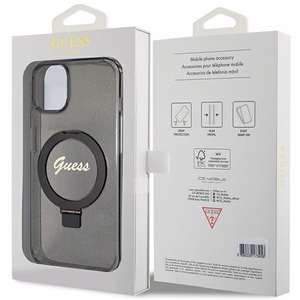 Guess Ring Stand Script Glitter MagSafe Suojakuori iPhone 15 Plus / 14 Pluslle - musta