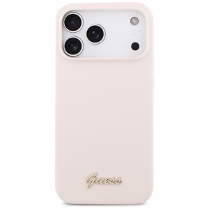 vaaleanpunainen Guess Silicone Script Metal Logo MagSafe -suojakuori Iphone 18 Pro Max / iPhone 17 Pro Max -laitteille