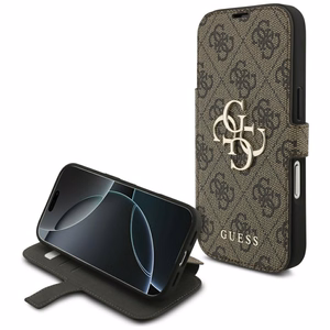 Guess Book 4G Metal Logo -lompakkokotelo iPhone 18 Pro / 17 Pro -malleille, ruskea
