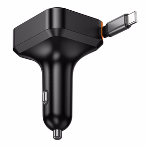 Autolaturi Hoco sisäänvedettävällä kaapelilla 2 x USB C + USB A QC PD 65W NZ18 musta