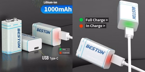 Ladattava 9V paristo USB C -liitännällä, 1000mAh, Li-Ion