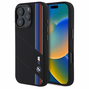 BMW Silicone Cut Tricolor Lines MagSafe Case for iPhone 16 Pro - Black