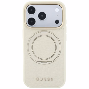 Guess Grained Classic Logo -suojakuori laitteelle iPhone 18 Pro / 17 Pro, 360° rengastuella, MagSafe-yhteensopiva – beige