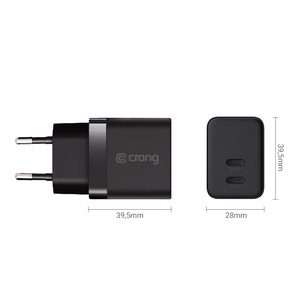 Crong Ultra Compact GaN -seinälaturi, 2 × USB-C, 35 W, PD 3.0, PPS, musta