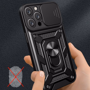 Hybrid Armor Camshield iPhone 16 Pro Case with Camera Cover and Stand - Black